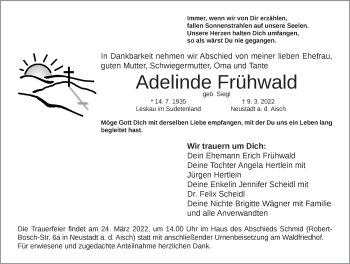 Traueranzeige von Adelinde Frühwald von Neustadt/ Scheinfeld/ Uffenheim