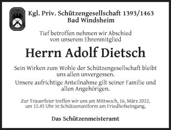 Traueranzeige von Adolf Dietsch von Neustadt/ Scheinfeld/ Uffenheim