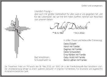 Traueranzeige von Adolf Dietsch von Neustadt/ Scheinfeld/ Uffenheim