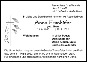 Traueranzeige von Anna Fronhöfer von Neustadt/ Scheinfeld/ Uffenheim