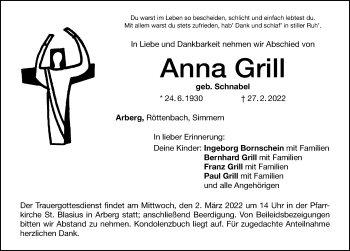 Traueranzeige von Anna Grill von Dinkelsbühl/ Feuchtwangen