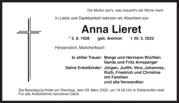 Traueranzeige von Anna Lieret von Ansbach