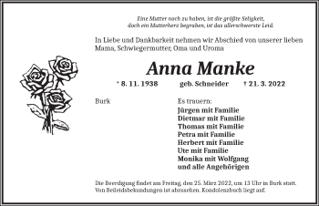 Traueranzeige von Anna Manke von Dinkelsbühl/ Feuchtwangen