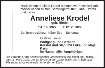 Traueranzeige von Anneliese Krodel von Ansbach