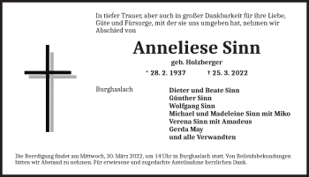 Traueranzeige von Anneliese Sinn von Neustadt/ Scheinfeld/ Uffenheim