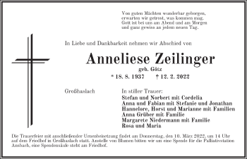 Traueranzeige von Anneliese Zeilinger von Ansbach