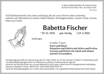 Traueranzeige von Babetta Fischer von Ansbach