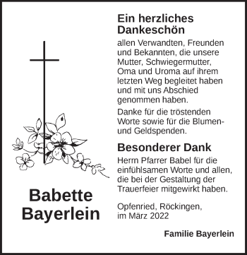 Traueranzeige von Babette Bayerlein von Dinkelsbühl/ Feuchtwangen