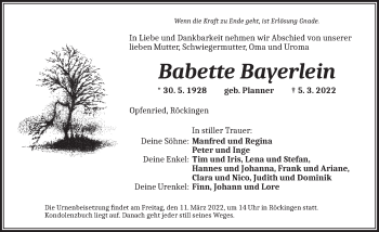 Traueranzeige von Babette Bayerlein von Dinkelsbühl/ Feuchtwangen