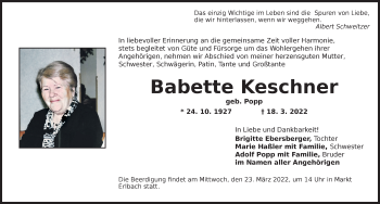 Traueranzeige von Babette Keschner von Neustadt/ Scheinfeld/ Uffenheim