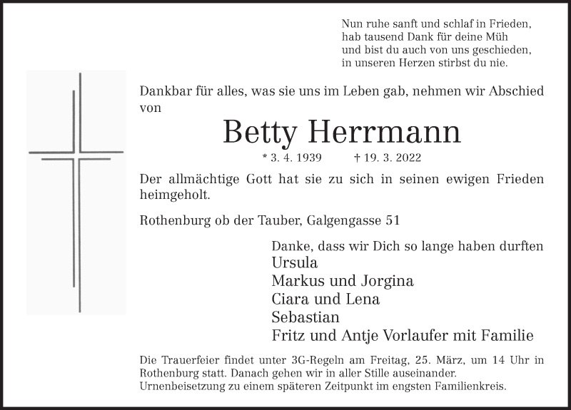  Traueranzeige für Betty Herrmann vom 23.03.2022 aus Rothenburg
