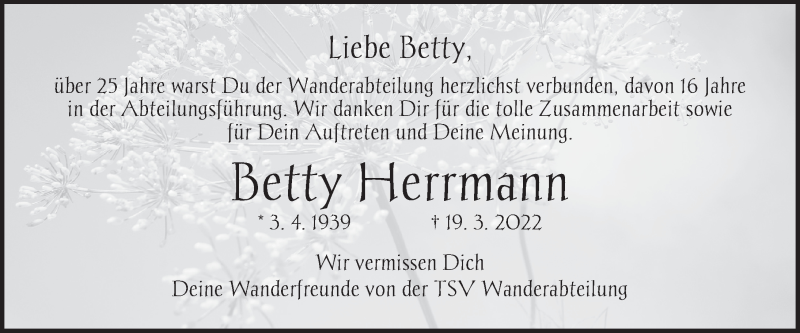  Traueranzeige für Betty Herrmann vom 25.03.2022 aus Rothenburg