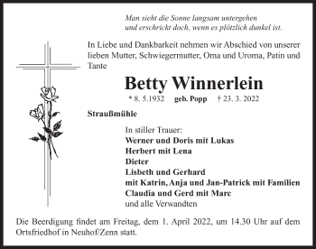 Traueranzeige von Betty Winnerlein von Neustadt/ Scheinfeld/ Uffenheim