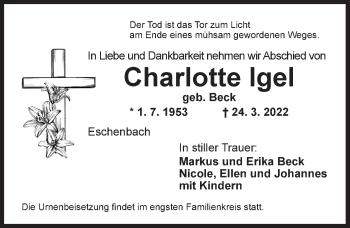 Traueranzeige von Charlotte Igel von Neustadt/ Scheinfeld/ Uffenheim