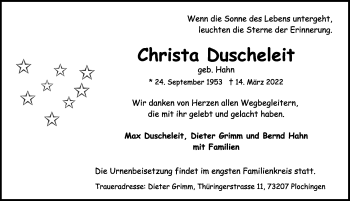 Traueranzeige von Christa Duscheleit von Rothenburg