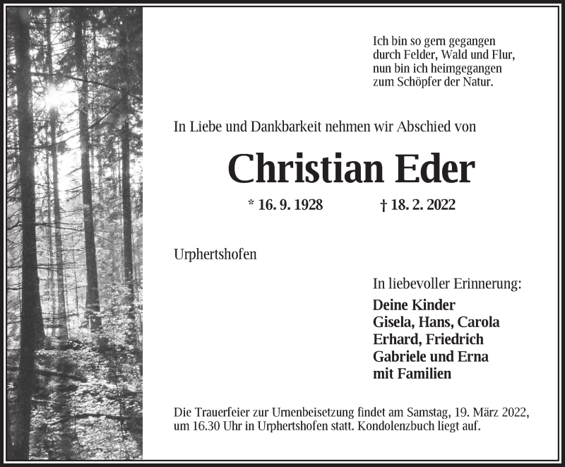  Traueranzeige für Christian Eder vom 17.03.2022 aus Neustadt/ Scheinfeld/ Uffenheim