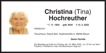 Traueranzeige von Christina Hochreuther von Ansbach