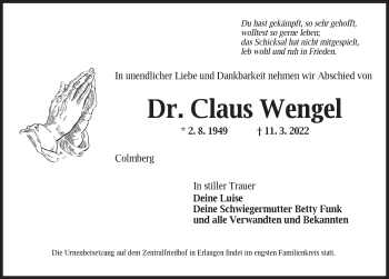 Traueranzeige von Claus Wengel von Ansbach