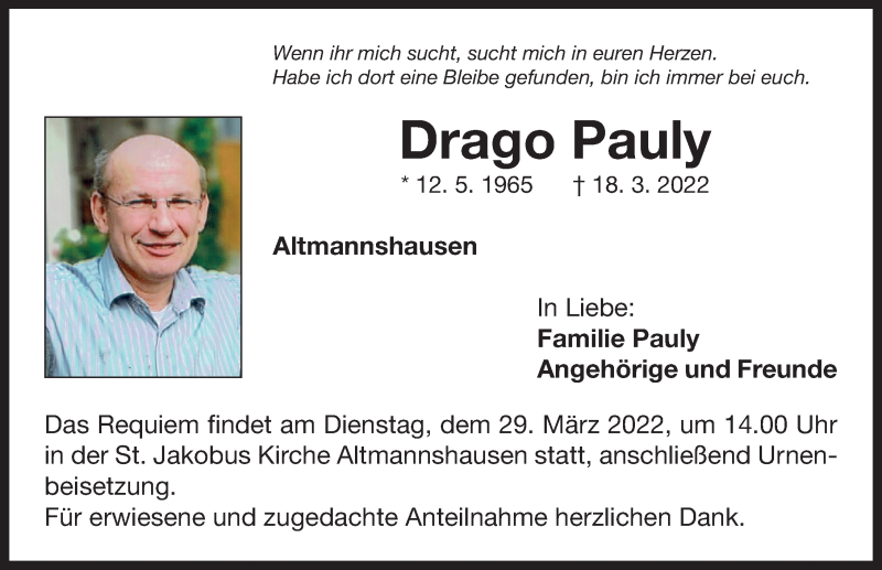  Traueranzeige für Drago Pauly vom 26.03.2022 aus Neustadt/ Scheinfeld/ Uffenheim