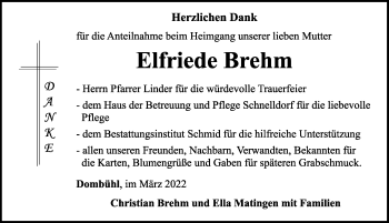 Traueranzeige von Elfriede Brehm von Rothenburg