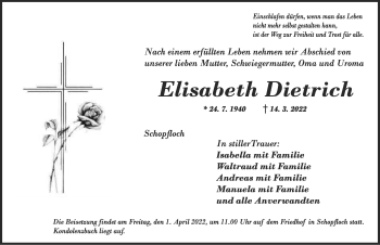 Traueranzeige von Elisabeth Dietrich von Dinkelsbühl/ Feuchtwangen