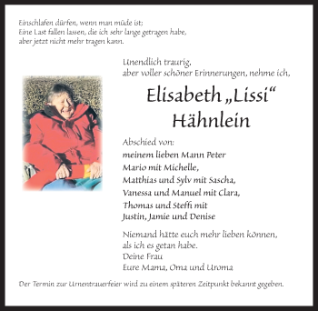Traueranzeige von Elisabeth Hähnlein von Dinkelsbühl/ Feuchtwangen