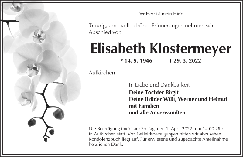  Traueranzeige für Elisabeth Klostermeyer vom 31.03.2022 aus Dinkelsbühl/ Feuchtwangen