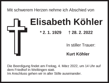 Traueranzeige von Elisabeth Köhler von Dinkelsbühl/ Feuchtwangen