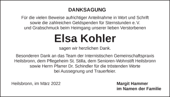 Traueranzeige von Elsa Kohler von Ansbach