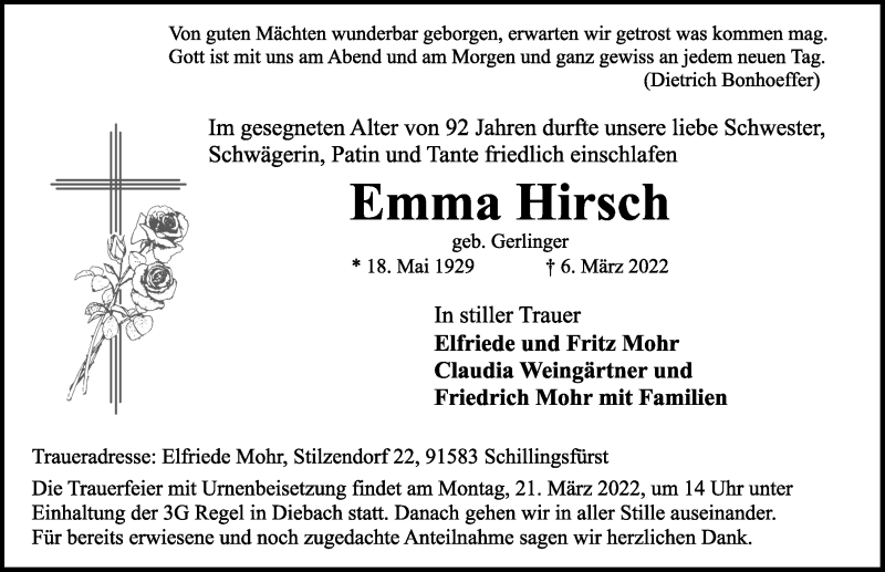 Traueranzeige für Emma Hirsch vom 18.03.2022 aus Rothenburg