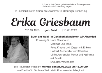 Traueranzeige von Erika Griesbaum von Rothenburg