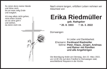 Traueranzeige von Erika Riedmüller von Dinkelsbühl/ Feuchtwangen