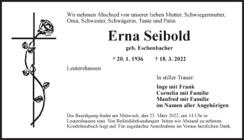 Traueranzeige von Erna Seibold von Ansbach