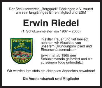 Traueranzeige von Erwin Riedel von Dinkelsbühl/ Feuchtwangen