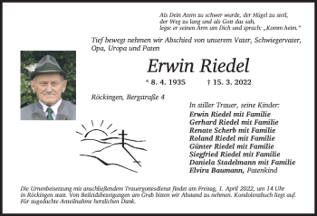 Traueranzeige von Erwin Riedel von Dinkelsbühl/ Feuchtwangen