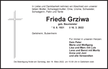 Traueranzeige von Frieda Grziwa von Dinkelsbühl/ Feuchtwangen