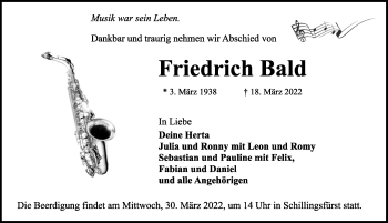 Traueranzeige von Friedrich Bald von Rothenburg