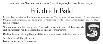 Traueranzeige von Friedrich Bald von Rothenburg