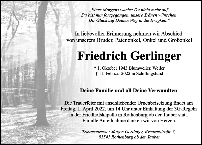  Traueranzeige für Friedrich Gerlinger vom 26.03.2022 aus Rothenburg
