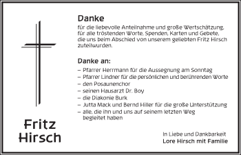 Traueranzeige von Fritz Hirsch von Dinkelsbühl/ Feuchtwangen