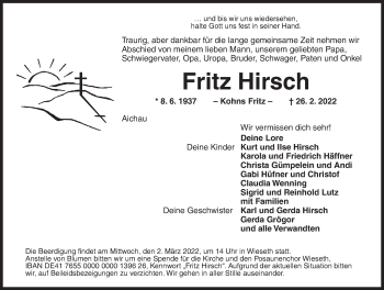 Traueranzeige von Fritz Hirsch von Dinkelsbühl/ Feuchtwangen