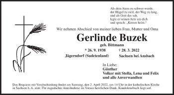 Traueranzeige von Gerlinde Buzek von Ansbach