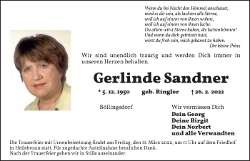 Traueranzeige von Gerlinde Sandner von Ansbach