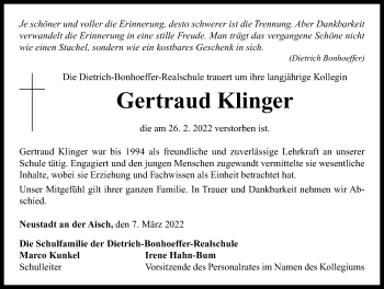 Traueranzeige von Gertraud Klinger von Neustadt/ Scheinfeld/ Uffenheim