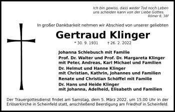 Traueranzeige von Gertraud Klinger von Neustadt/ Scheinfeld/ Uffenheim