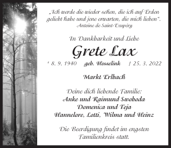 Traueranzeige von Grete Lax von Neustadt/ Scheinfeld/ Uffenheim
