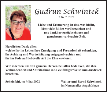 Traueranzeige von Gudrun Schwintek von Neustadt/ Scheinfeld/ Uffenheim