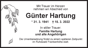 Traueranzeige von Günter Hartung von Ansbach