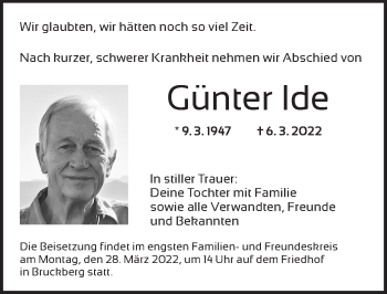 Traueranzeige von Günter Ide von Ansbach