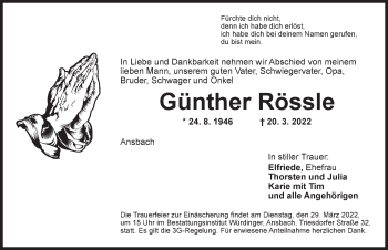 Traueranzeige von Günther Rössle von Ansbach